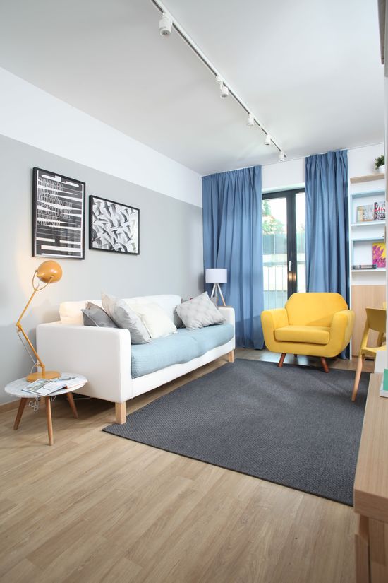 Zona de relaxare se detașează clar, atât jos, unde se disting canapeaua de la IKEA și măsuța și lampa de la MaisonDeco, cât și sus, unde șina cu spoturi de la
ioooi.ro traversează tavanul. Foto: Sorin Iacob