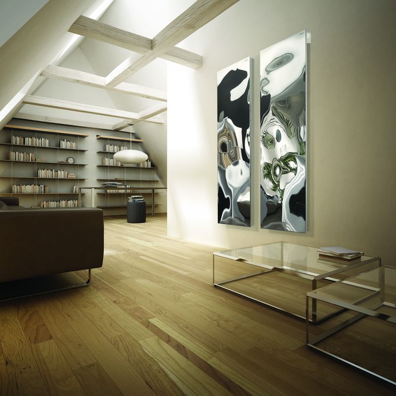 Un design spectaculos și dinamic este principala calitate a radiatorului decorativ Blow, creația designerului Jean-Marie Massaud pentru brandul Cordivari. Suprafața metalică tip oglindă redă distorsionat decorul din jur, cu refracții și efecte greu de imaginat, în schimbare în funcție de unghiul de privire. L 170 x l 50 cm. Disponibil prin Edil-Italy. Foto: Cordivari